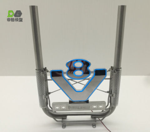 Exhaust stack with lit BLUE V8 logo